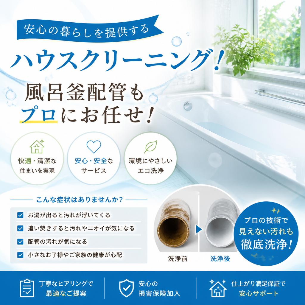 安心の暮らしを提供するハウスクリーニング！風呂釜配管もプロにお任せ！